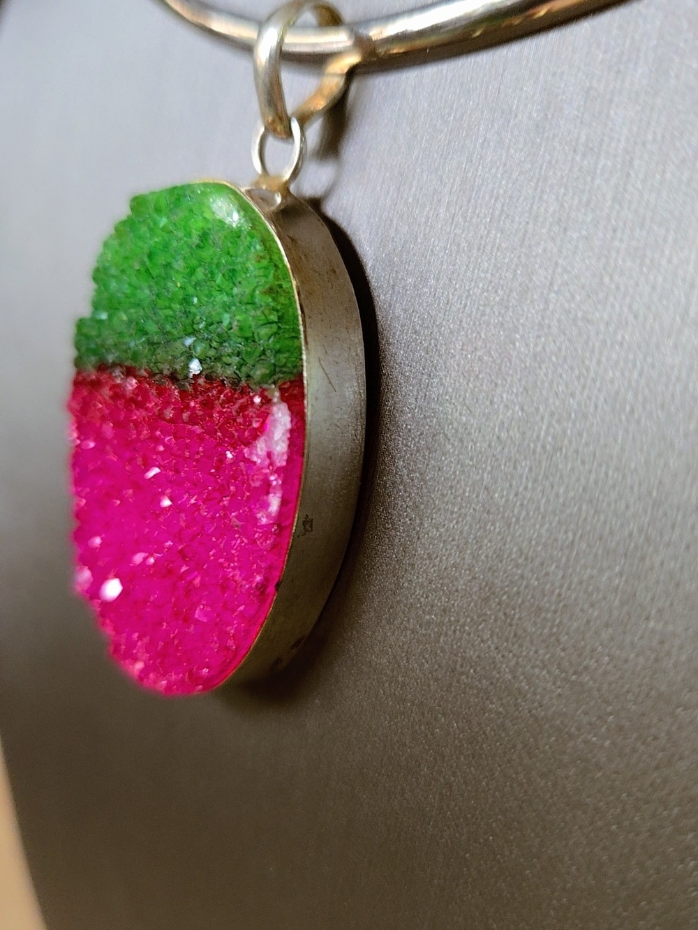 Green and Pink Watermelon Crystal Druzy Oval Pendant In 925 Silver - Picture 5 of 15